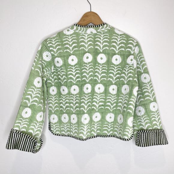 Reversible Quilted Button Front Jacket Womens Small Green Floral Striped - Picture 6 of 6